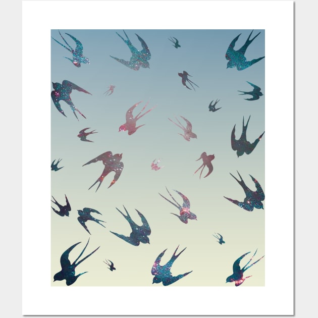 Flying swallows galaxy silhouettes pattern Wall Art by Blacklinesw9